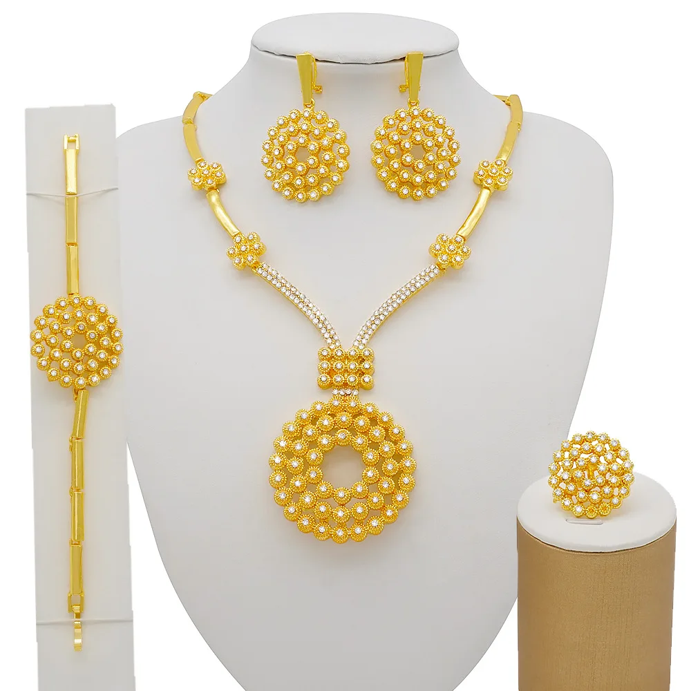 

24K Gold Plated Round Large Pendant Jewelry Sets Necklace Earring Ring Bracelet 4pcs African Wedding Bridal Set