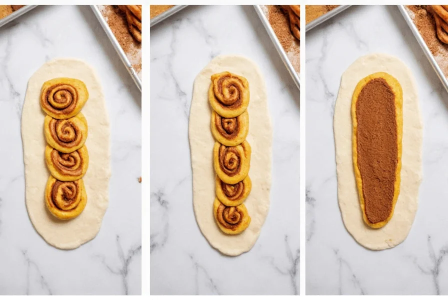 Step-by-step process of rolling cinnamon roll dough with cinnamon sugar filling