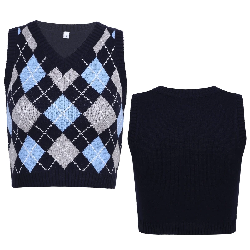 

Hot Sale Womens Vintage Plaid Knitted Sweater Vest Girls England Style Knitwear Tank Tops Y2K Skirt
