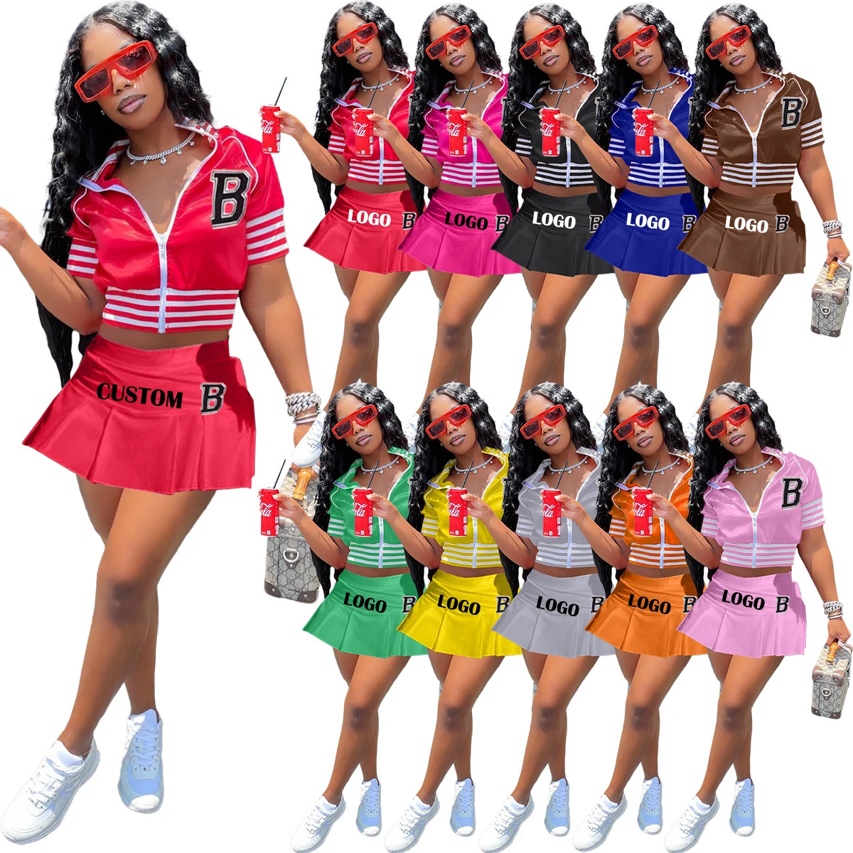

HM6608 Custom 2 Piece Set Women Summer Skirts Tracksuit Two Piece Set Baseball Style Printings Outfit 2022 Plus Size Women Sets