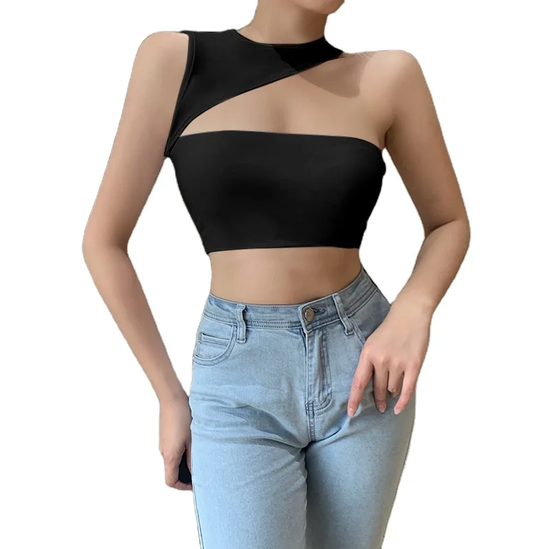 

Womens Summer Sexy Fitted O Neck Vest One Shoulder Backless Hollow Out Tank Top Crop Tops, White, black