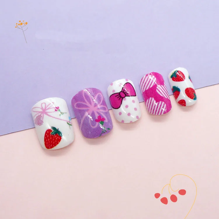 

Hot Sale Adhesive Private Label Acrylic False Nail Tip Kids Press On Nails 24pcs, Multi color