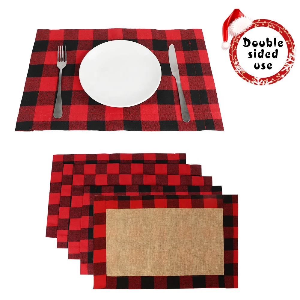 

Ourwarm Best Price Cotton And Linen Double Sided Waterproof Burlap Buffalo Check Placemat Christmas, Red and black