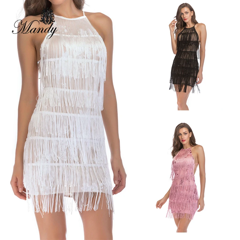 

Hot cake sleeveless halter tassel sequins backless party dresses