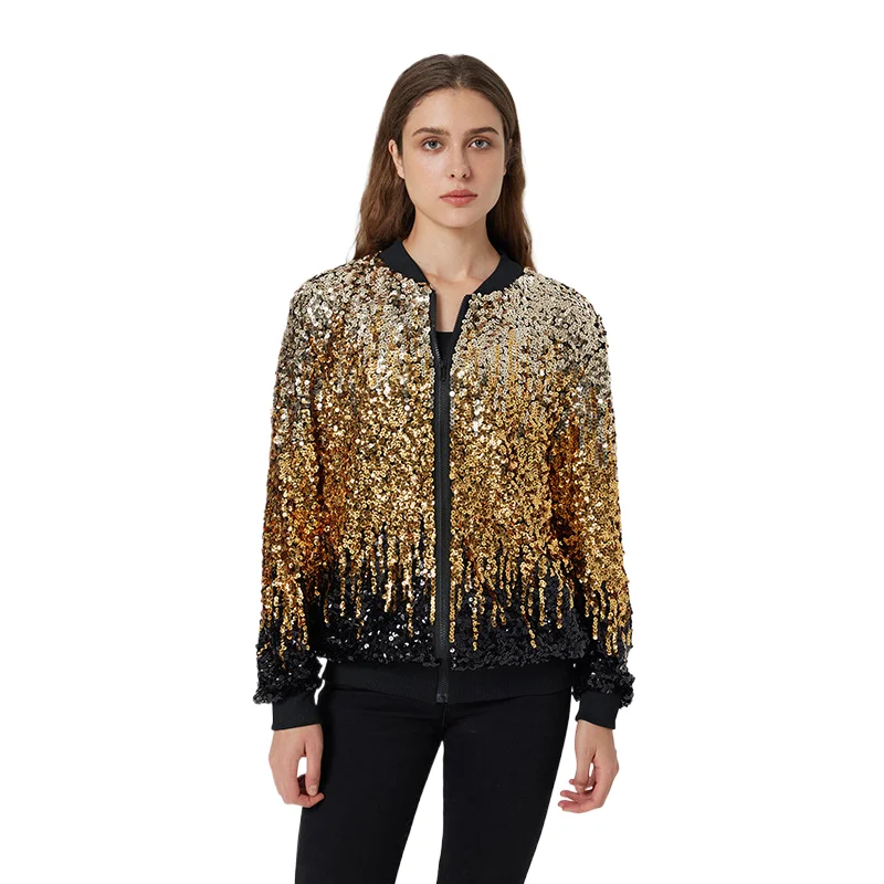 New Zipper Women's Baseball Fashion Dance Show Hop Sequin Glitter Long-sleeve Coat