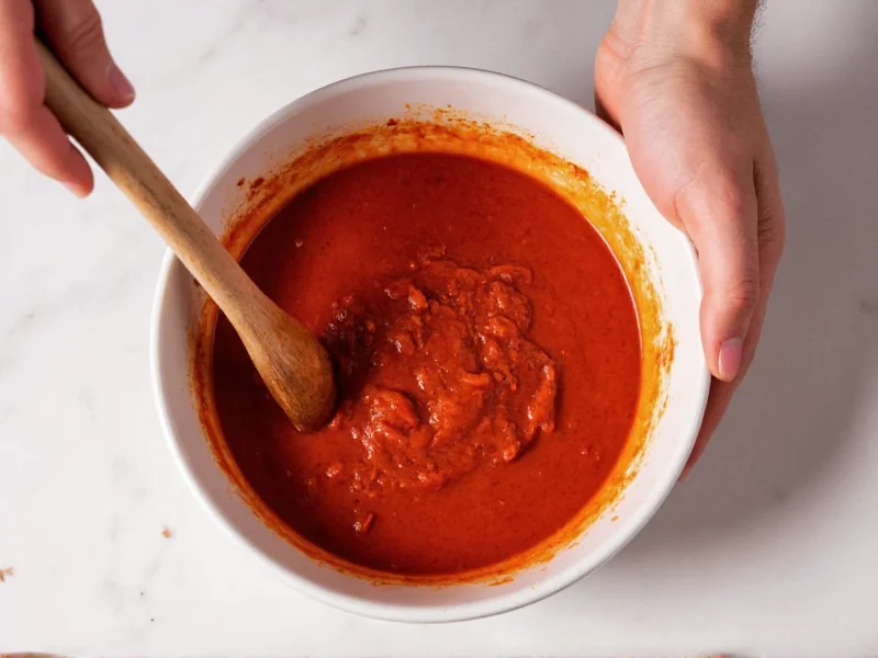 Hand mixing pizza sauce in ceramic bowl