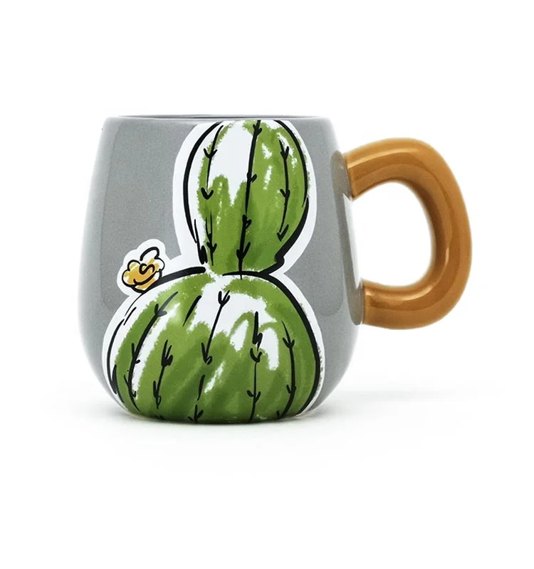 
Oval shape 16OZ ceramic stoneware smart coffee mugs plants mug yellow grey for gift 
