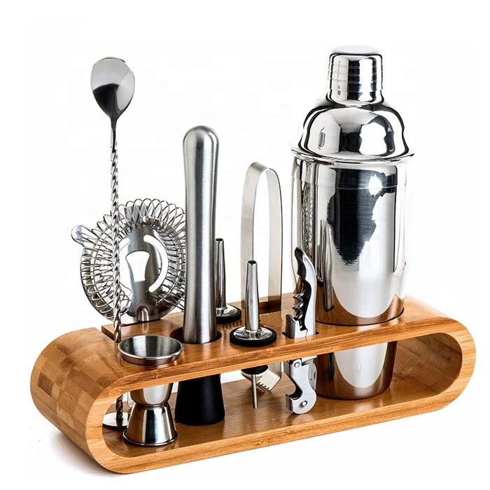 

Wholesale Amazon hot 350/550ml/700ml Stainless steel Bar bamboo Cocktail Shaker Set with wooden rack, Silver