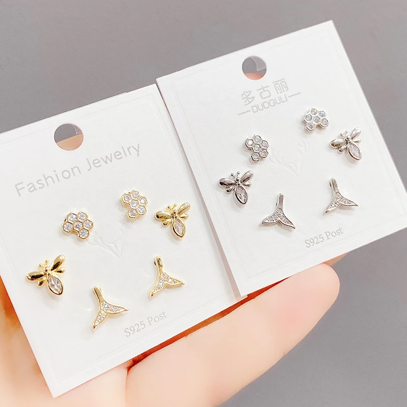 

ED64013 Fashion gold plated women jewelry 3 pairs set bee fishtail stud earrings