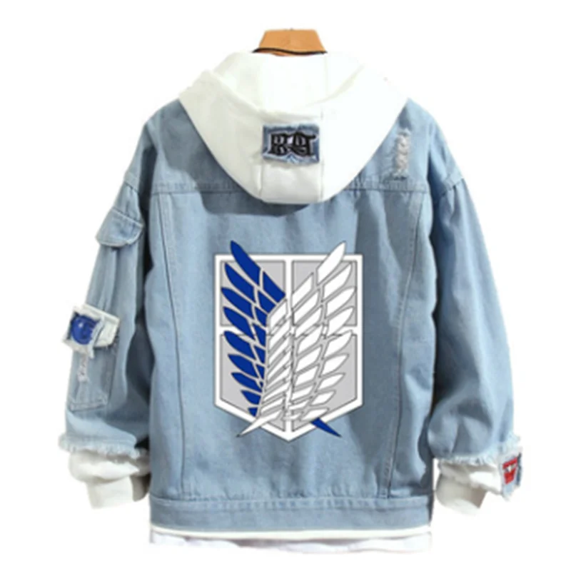 

New Anime Attack on Titan Cosplay Jeans Jacket Scout Regiment Cosplay Denim Jacket Warm Hooded Sweatshirt Outwear Coat, Shown