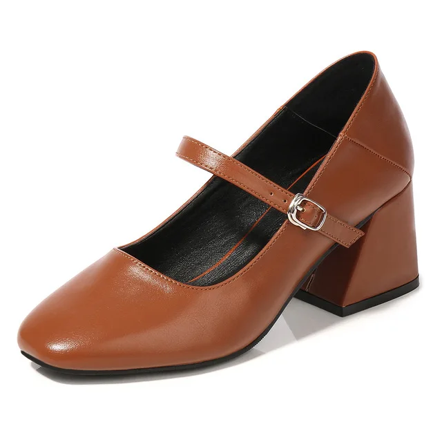 

New casual plus size retro thick square toe heels Mary Jane leather women shoe, Black/red/gold/brown