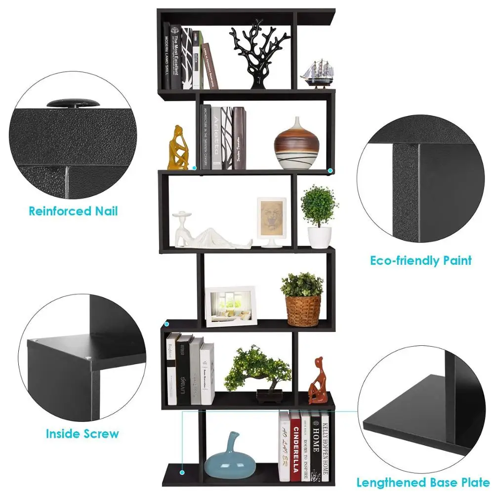 Cheap Modern Display Shelf Black 6-tier Bookcase S Shaped Display ...