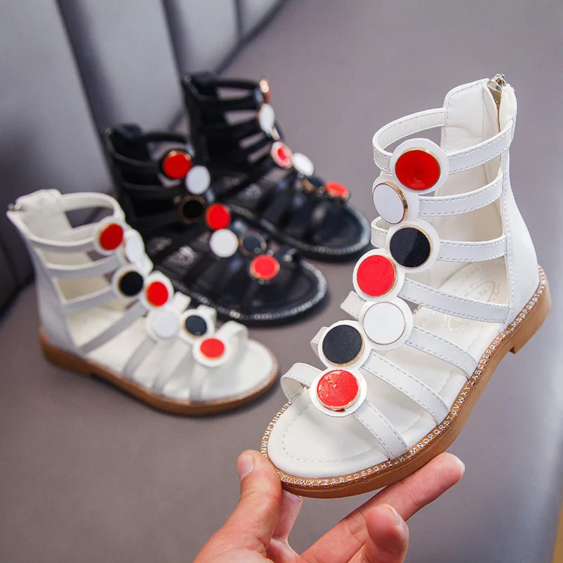 

Summer Girls Flat Sandals Shoes for Kids Children Rome Boots Sandals, Black/white