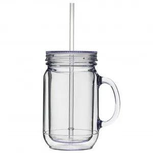Image of 16oz Plastic mason jar with metal lid and straw 20oz Clear Glass Drink Cups with Metal cap