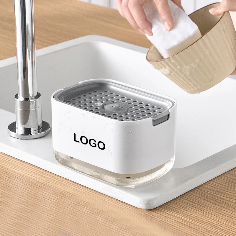 

Hot Custom Logo Press Pump Kitchen Bathroom Clean Sponge Brush Holder Liquid Foam Soap Box Dish Push Hand Soap Dispenser