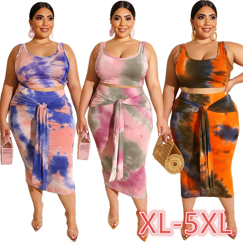 

New Oversize XL-5XL tie-dye printed tight-fitting hip-fit belt fashion sexy latex suit plus size two-piece sets