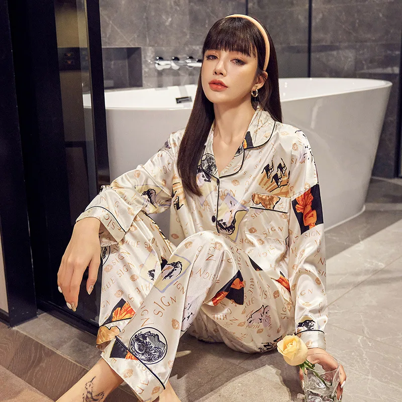 

Custom Long Sleeve Two Piece Loungewear Pajamas Sets Sleepwear Silk For Women, Customized color