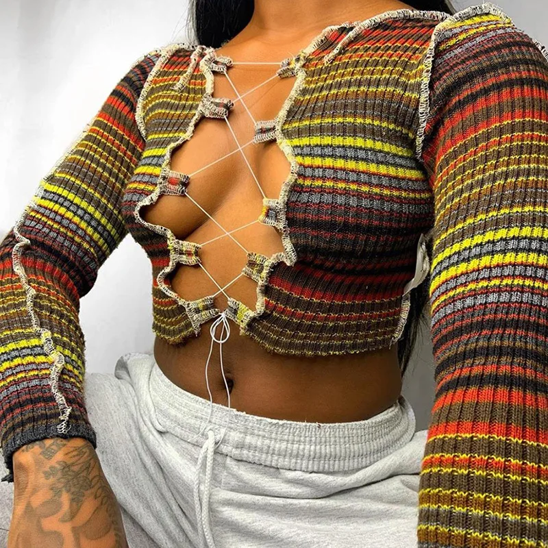 

Dvacaman Fashion New Arrivals Spring 2021 Causal Sexy Patchwork Plaid Crop Top Hollow Out Bandage Long Sleeve Women Top Shirt f