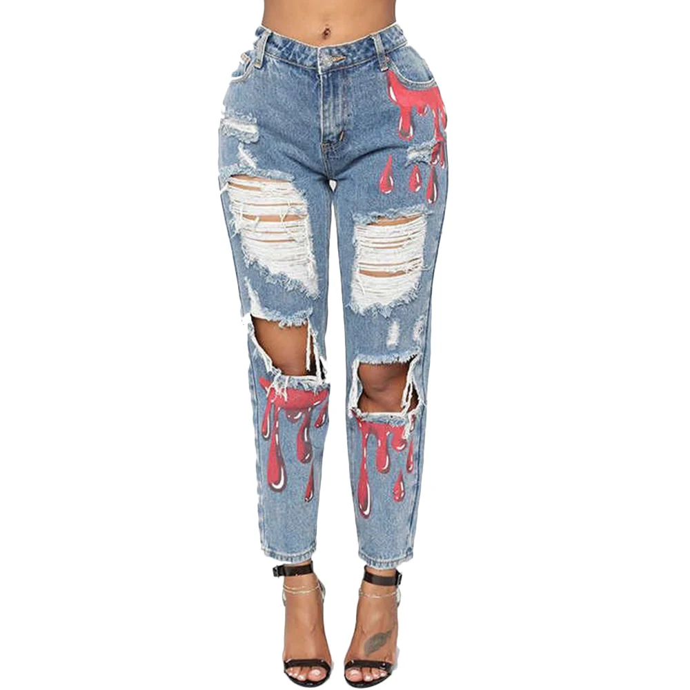

Xinyi 2020 fashion new design hole printing pants fashion tear jeans with great price, Photo color