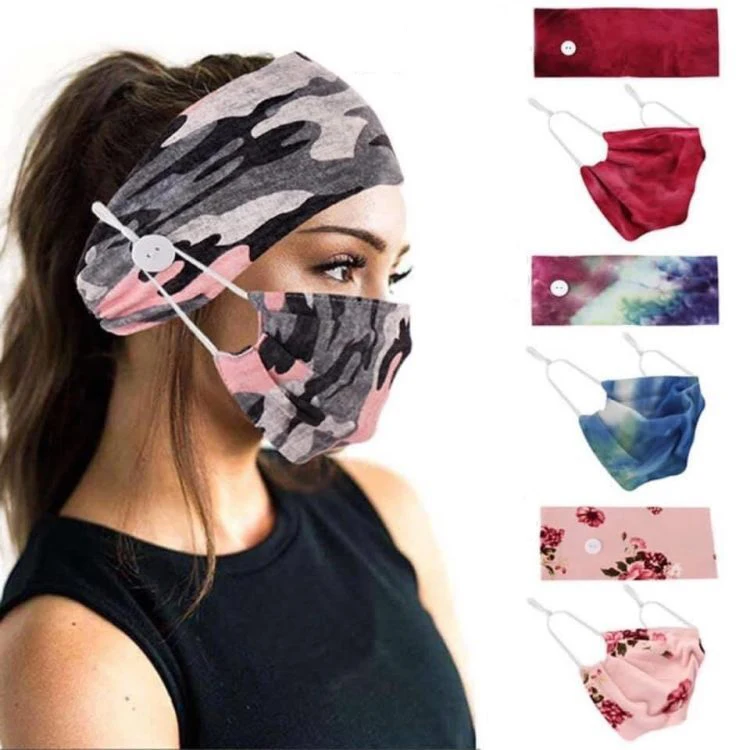 

2pc Adult Printed Adjustable Cotton Faceshield+button Hairband Set Face scarf And Reusable face care, Picture