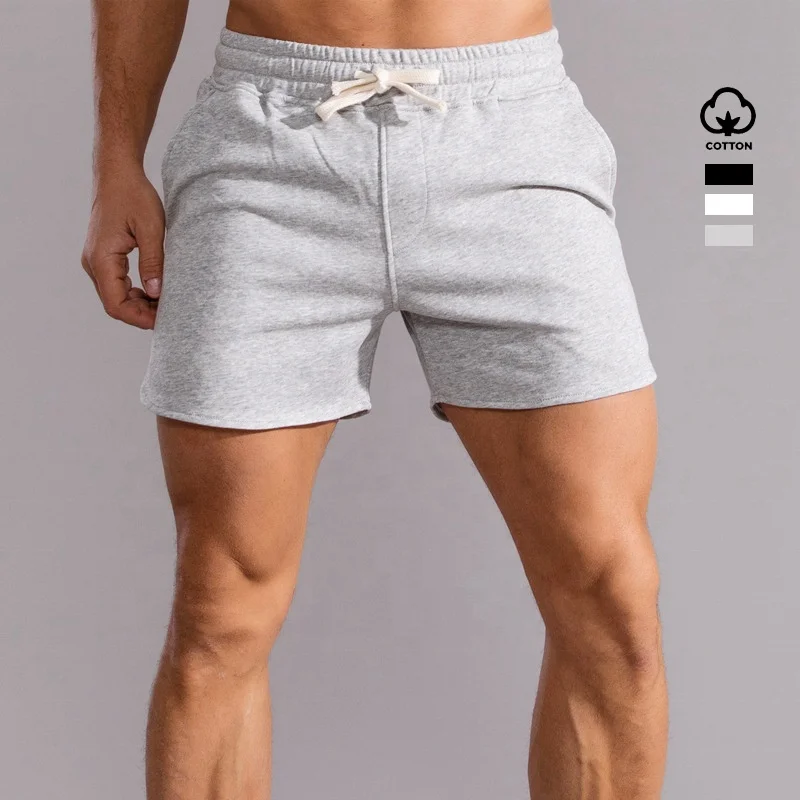 

Wholesale Clothing Custom Logo Design Unisex Solid Color Running Workout Clothing Athletic Gym Cotton Summer Men's Sweat Shorts, Black grey