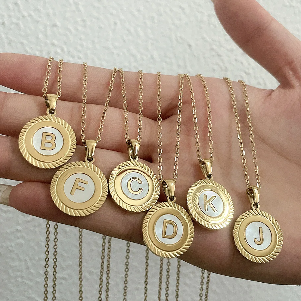 

Tarnish Free 18K Gold Plated Stainless Steel Round Alphabet Necklace 26 A-Z Letters White Shell Initial Pendant Necklace