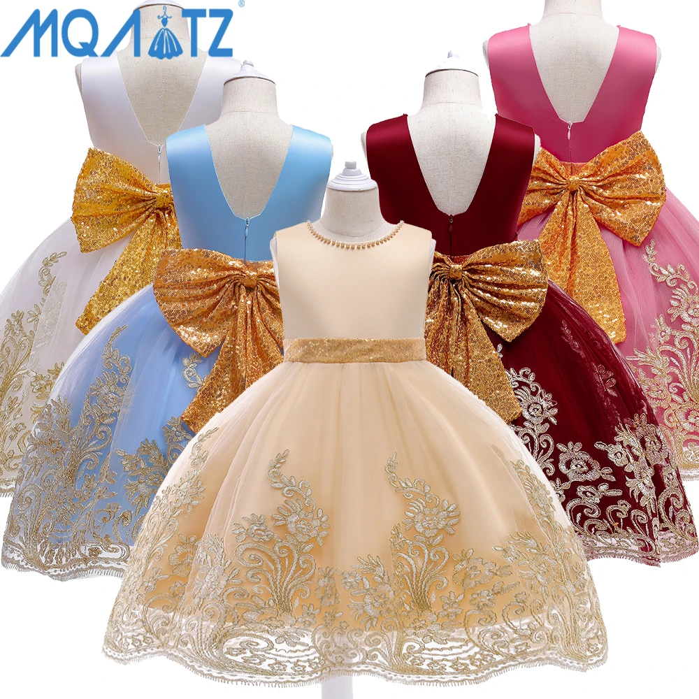 

MAQTZ Golden Sequin Big Bow Girl Dresses New Frock Kids Birthday Wedding Party Dress For 3 To 10Years Wear, Gold,white,blue,pink,red