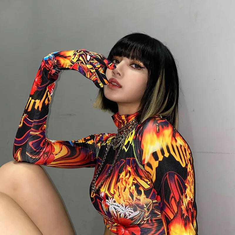 

fashion Graffiti printed t shirt womens long sleeve o neck bodycon cropped tops 2020 autumn skinny tees fall clothing for women, Red