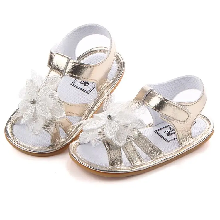 

High quality white soft TPR sole leather baby girl sandals, White/light gold