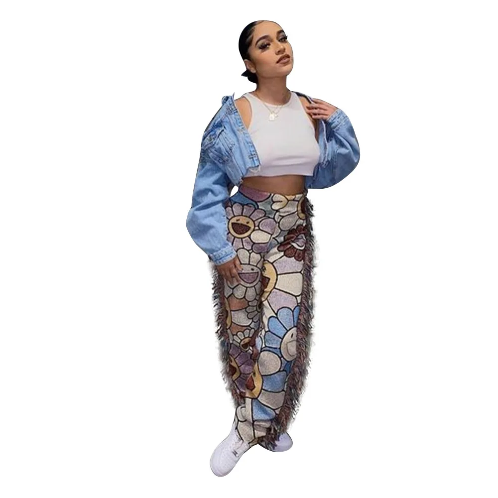 

Winter 2021 women clothes Print Plus-size Casual Pants Winter Thick Trousers fringed velvet Women's Trousers