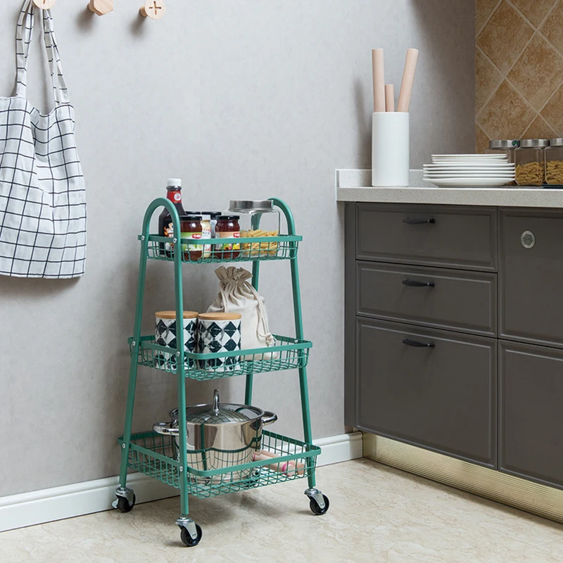 

Modern 3 layer metal wire bathroom storage shelf with wheels kitchen hollow rack shelf, Black, white,green