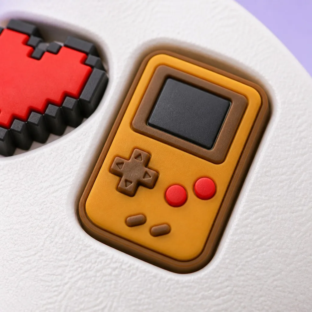Macro view of a stepped pixel heart and a retro handheld console charm fitted into clog holes