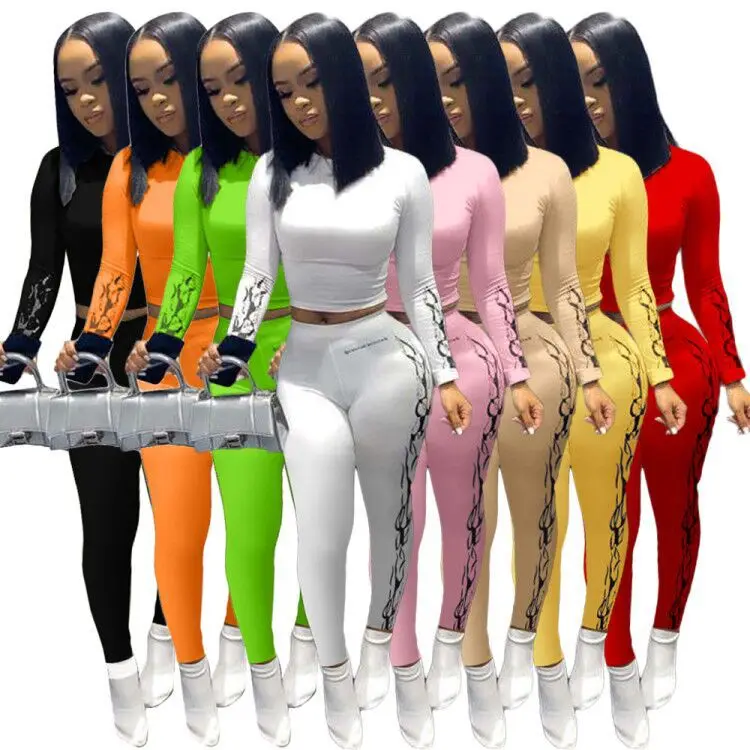 

Clothing Vendors Long Sleeve 2Piece Women Outfit Printed Outfit For Women Crop Top Plus Size Two Piece Set, White,pink,yellow,orange,red,black,green,khaki