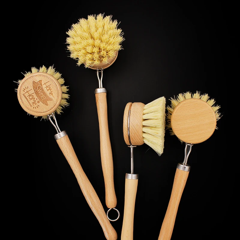 

Household Kitchen cleaning wooden sisal Natural fiber Brush With long handle, Original wood color