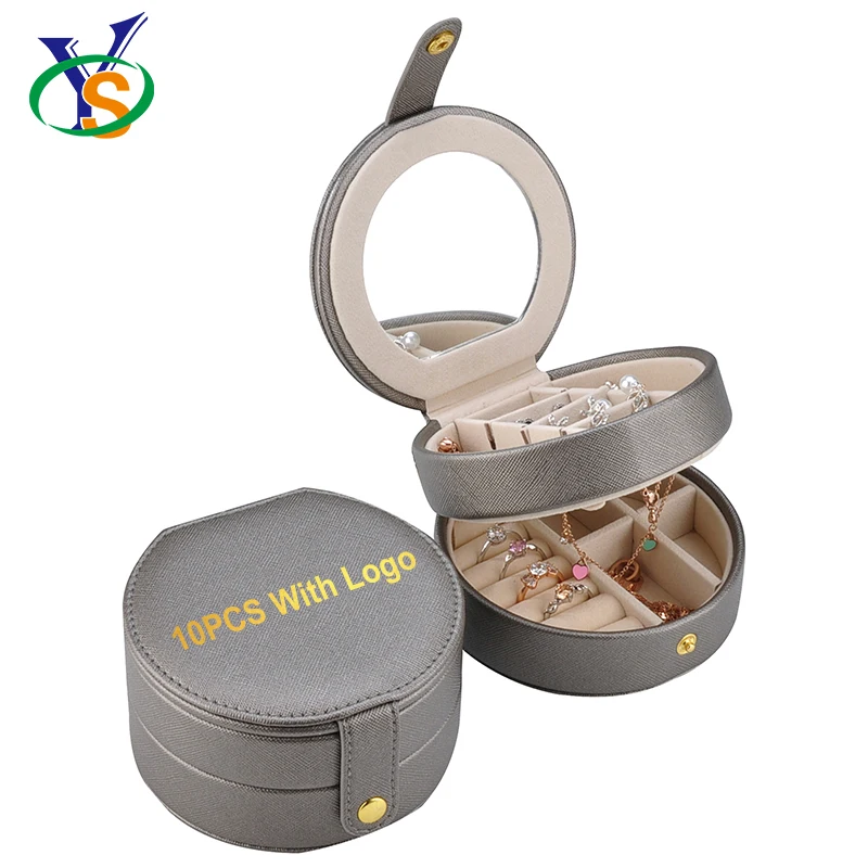 

Wholesale hot sale round pu portable earing jewelry organizer luxury cotton ring case mirror travel leather jewellery box, Beige