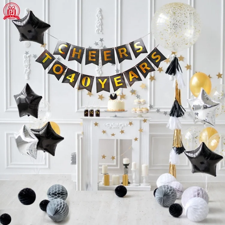 
CHEER TO 30/40/50/60/70 Years of Bronzing Letters Birthday Flag Pulling Paper Fan Flower Spiral Set 