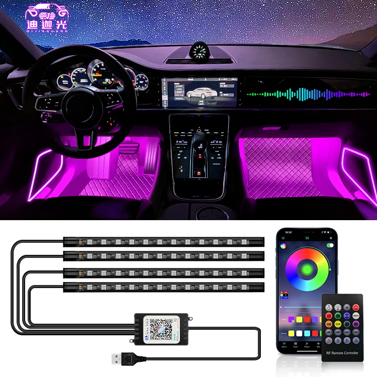 

App or Remote control rgb atmosphere Led Car Interior Wireless Music Light Strip with Usb or Cigarette Lighter Port