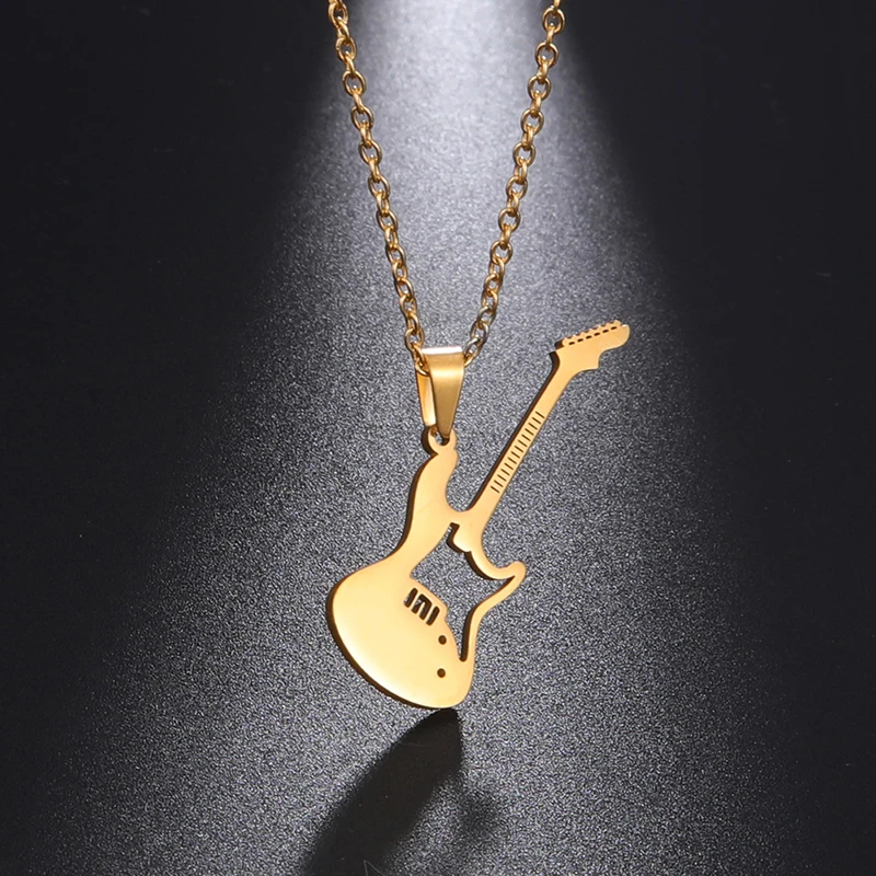 

Trendy Men Stainless Steel Rock Guitar Bass Pendant Necklace Guitar Pick Adjustable Necklace Jewelry Personalized Gift, Steel color, gold, rose gold