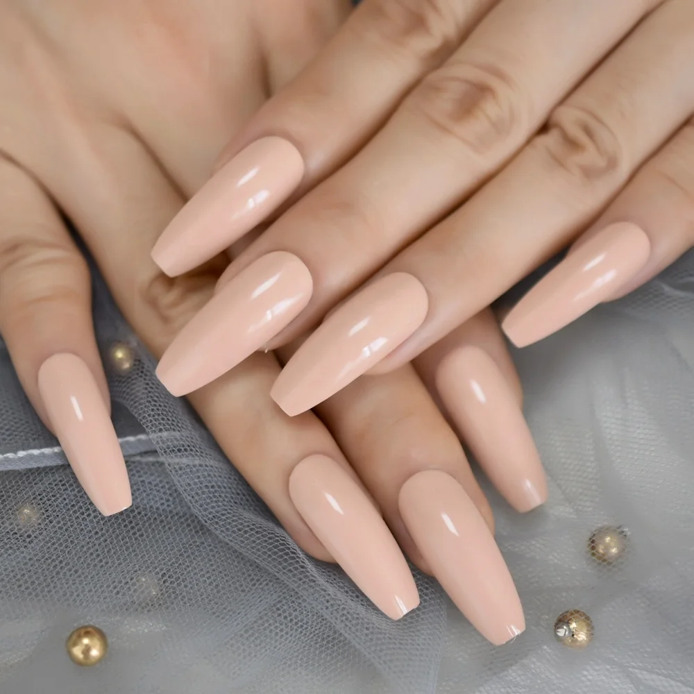 

Nude Extra  Fake Nails Coffin Full Cover Glossy False Nail  Ballerina Nails with Glue Sticker