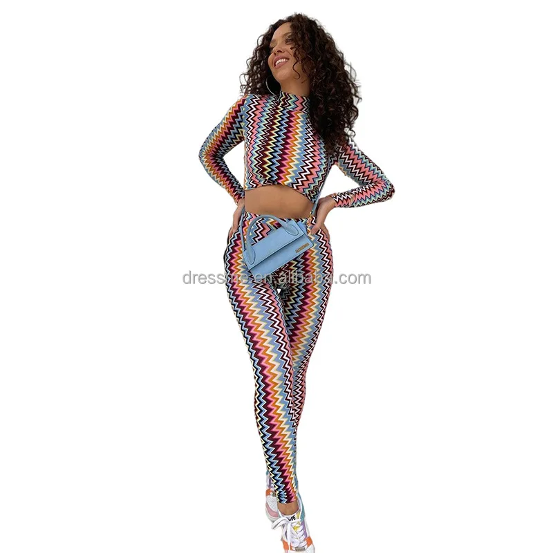 

MT417-06942 2021 Autumn Sexy Print New multi-color printed long sleeve tight two piece pants set women clothing sets