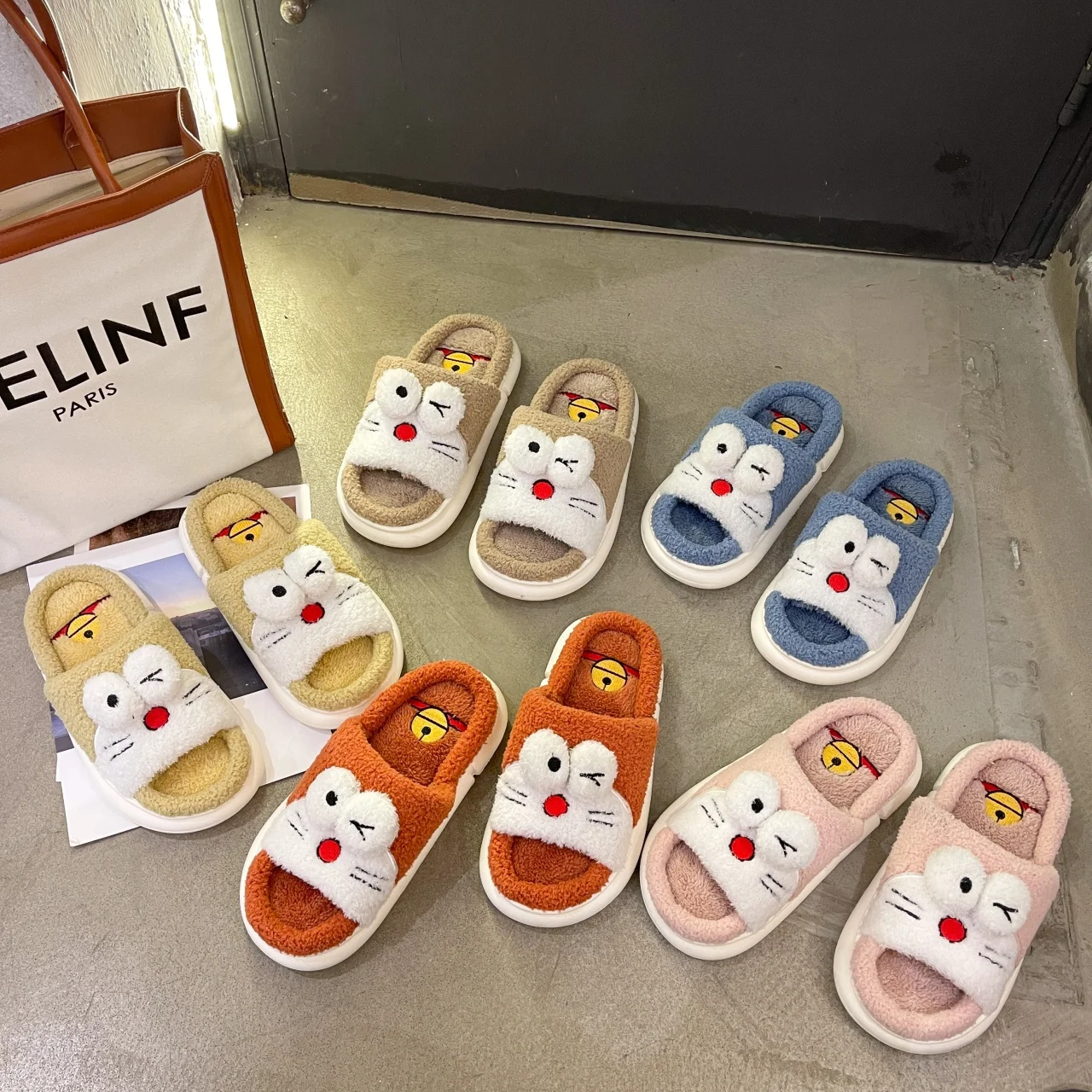 

Indoor Ladies Cute Carton Cotton Bedroom House Slippers Plush Open Toe Slides Shoes, Orange,khaki,yellow,blue,pink