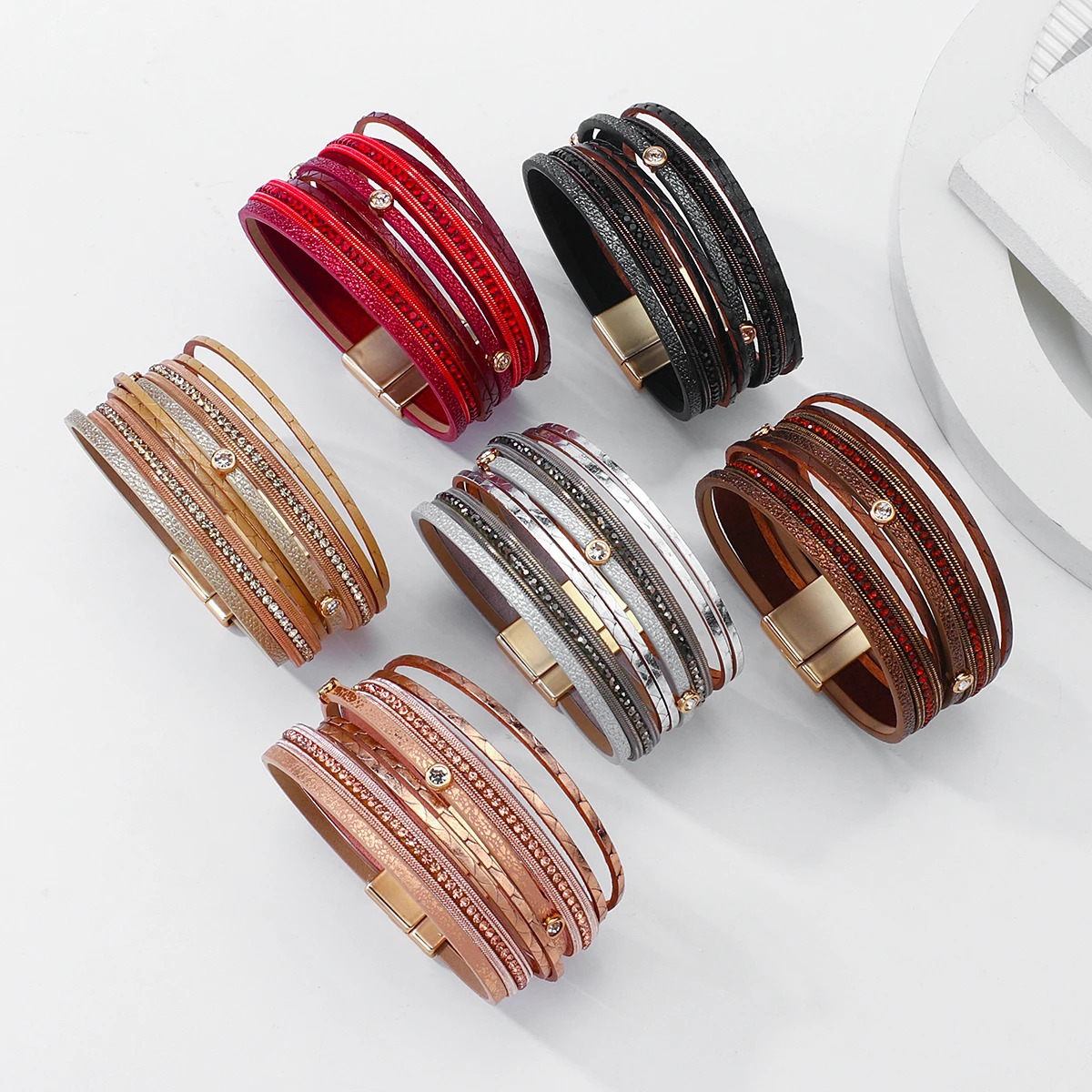 

Best Selling Alloy Clasp Crystal Leather Bracelets for Women Fashion Jewelry 2020 Female Multilayer Cuff Wrap Bangle, Mix color