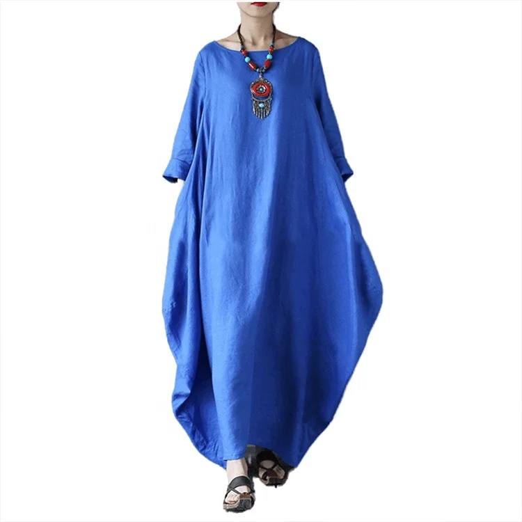 

Custom Cotton Women Big Size Summer Autumn Loose Linen 7 Point Sleeve Long Dress