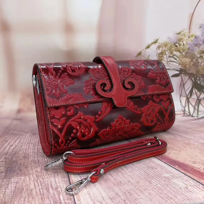 

Hot Selling Genuine Leather Ladies Good Quality Purse Embossed Flower Vintage Leather Strap Wallet For Women