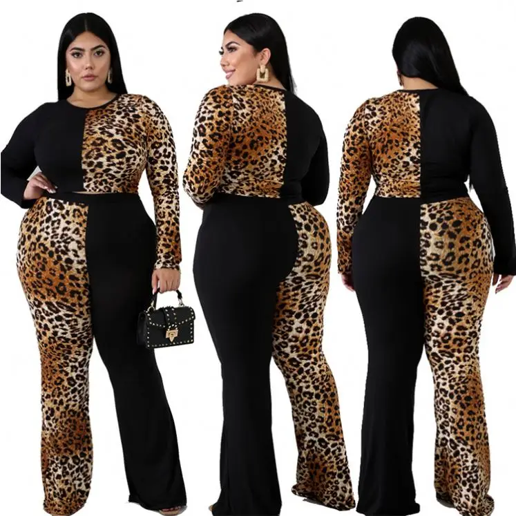 

DM910008 sexy leopard contrast color crop top Sets Women Two Piece Outfits Plus Size Clothing