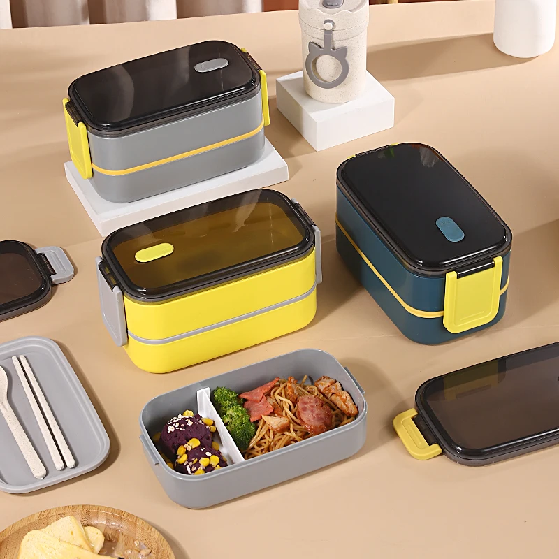 

Amazon plastic lunch box With partition office worker portable 700ml lunch Bento box 2 layer 1400ml lunch box can be microwaved, Yellow,grey,blue