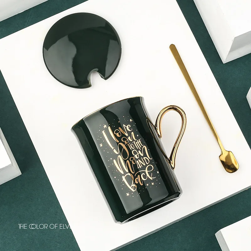 

Feiyou new custom 350ml sublimation reusable milk tea porcelain cup black luxury travel ceramic coffee mug with gold handle, Customized color