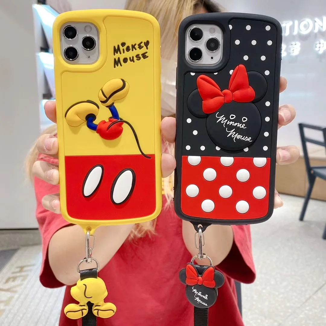 

silicone strap lanyard mickey minnie mouse Case For iphone 12 pro max 12 Mini 11 XS X Soft silicon Cover, Colorful