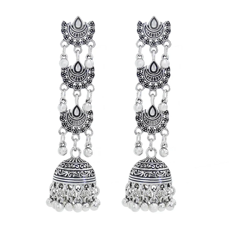 

Bohemian Style Women Indian Jhumka Earrings Gold Silver Metal Flower Big Bells Dangle Long Tassel Earring Ladies Gypsy Jewelry, Silver,gold