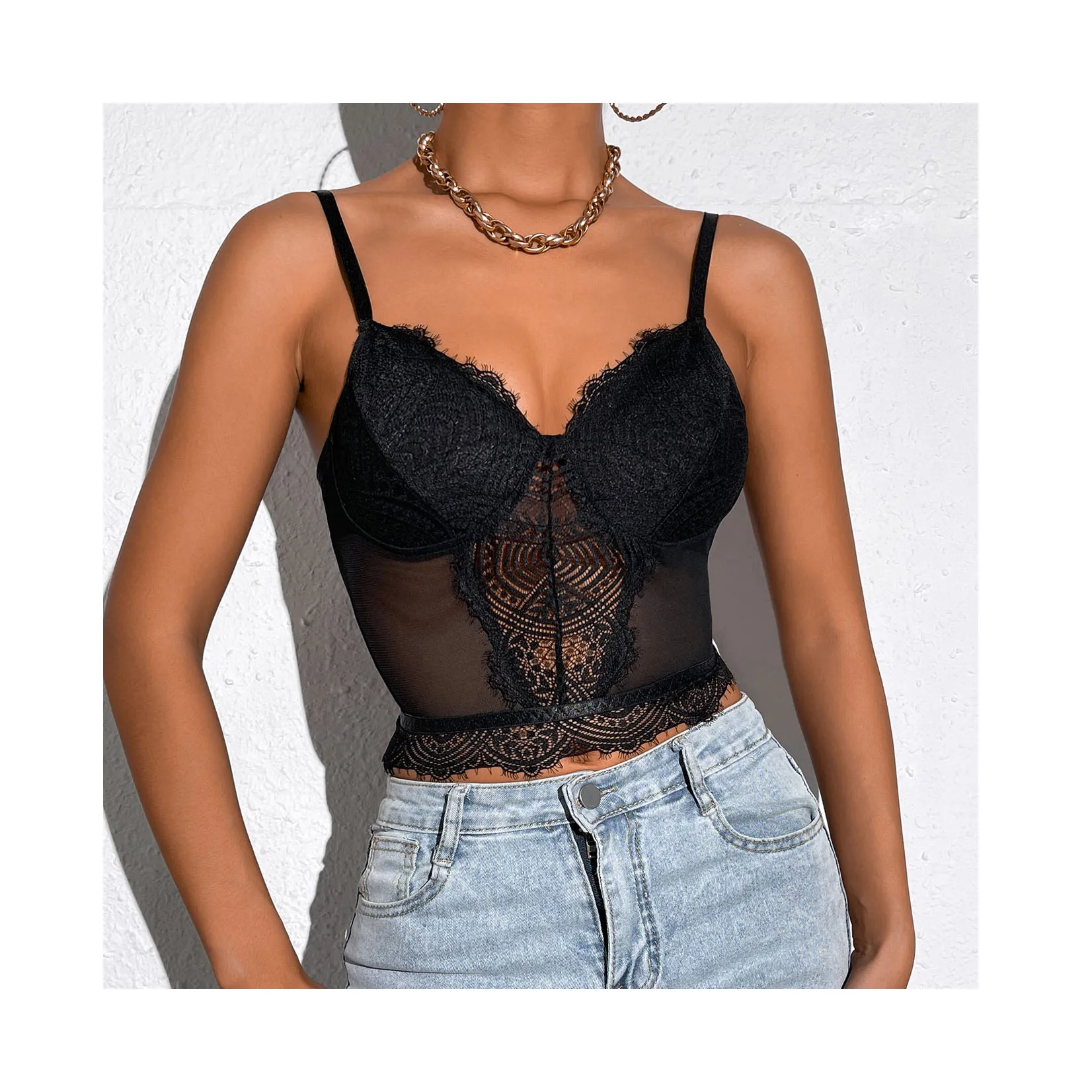 

Women's Perspective Lace Top Bustier Sexy Camisoles Backless Chic Sheer Tops Night Club Bra, Black